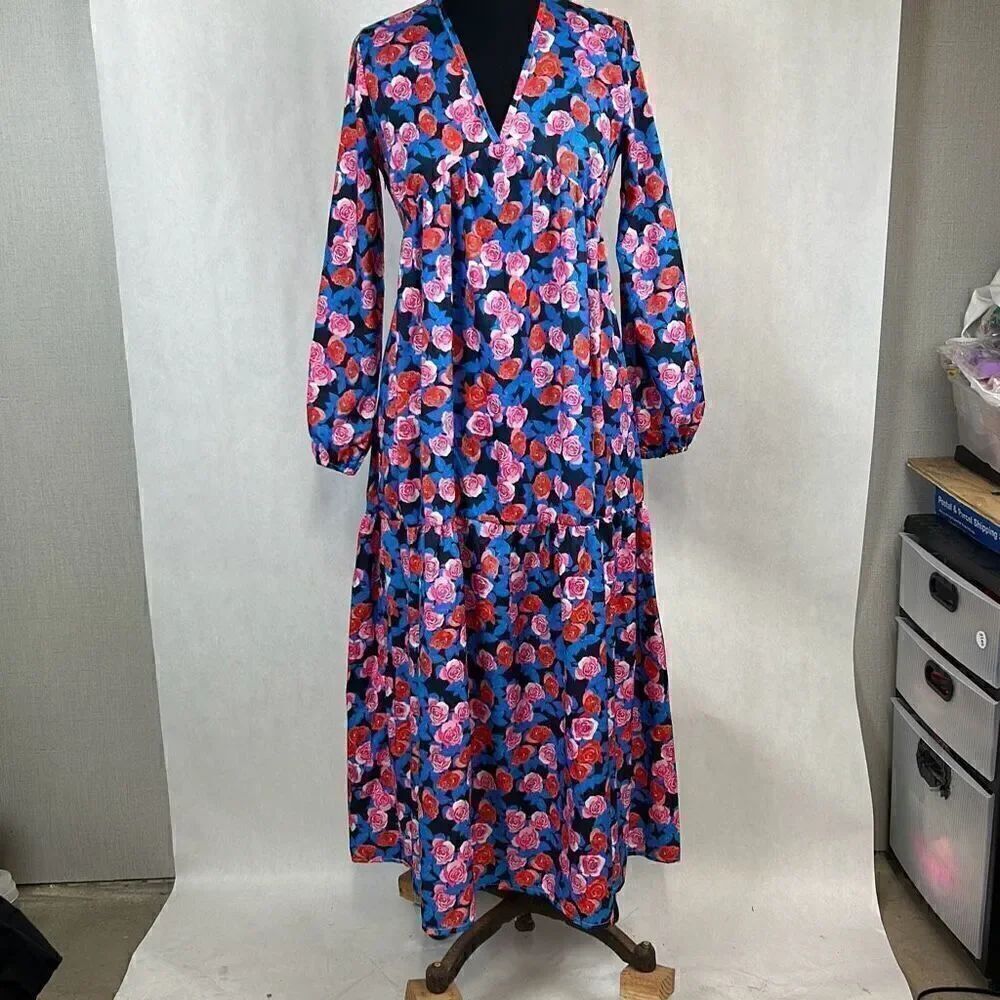 Floral Summer Dress Sz Small Tiered A-Line Loose Bohemian Maxi Casual Long Sleev